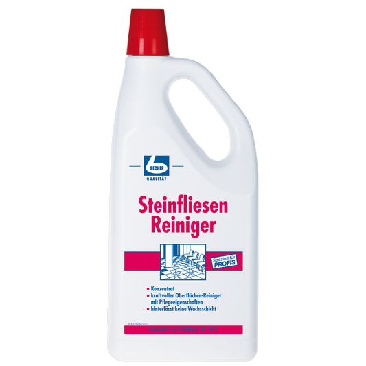 Eine weiße Plastikflasche „Dr. Becher Fliesen Reiniger“ mit rotem Verschluss und rot-blauem Etikett ist für die Reinigung von Steinfliesen bestimmt. Das Etikett betont professionelle Qualität und Oberflächenschutz.
