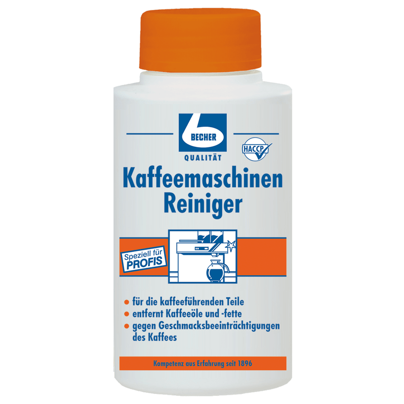 La Dr. Becher Nettoyant pour machines à café, flacon de 1 000 g Dr. Becher Le produit GmbH se présente sous la forme d'un flacon en plastique blanc orné d'une inscription bleue et orange, accompagné d'un mode d'emploi en allemand et des logos de qualité et HACCP : il est idéal pour le nettoyage et l'entretien des machines à café.