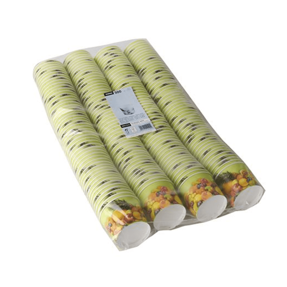 Un lot de 200 gobelets en carton jetables Starpak, emballés sous film thermorétractable. Les gobelets sont de couleur vert clair, ornés d'un motif fruité au fond, et ont une contenance de 100 ml chacun.