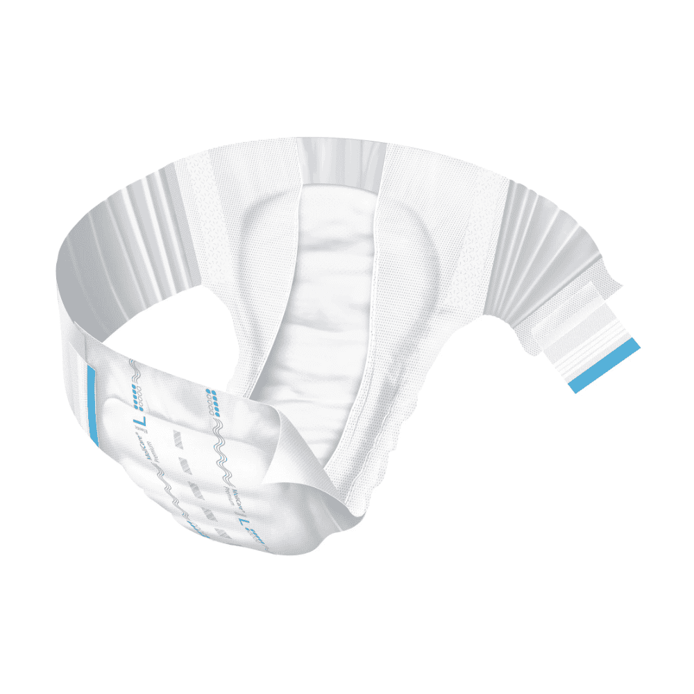 Une couche pour adulte de la gamme Hartmann MoliCare® Premium Elastic de la société Paul Hartmann AG, au motif blanc et bleu, est représentée dans une disposition courbe sur fond blanc, ce qui met en valeur ses propriétés d'absorption et de souplesse.