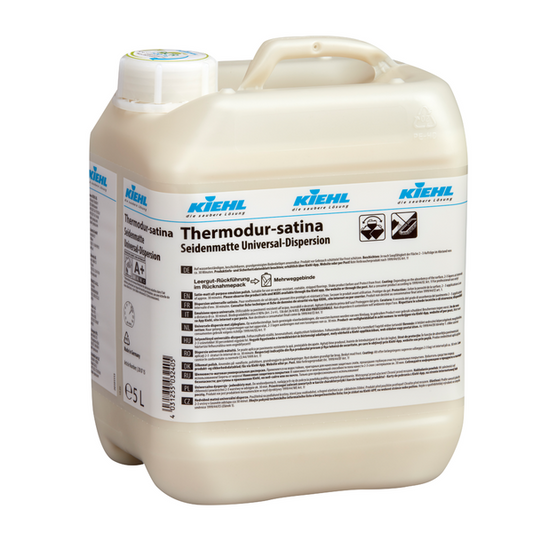 5-Liter-Kunststoffbehälter der Thermodur-satina Seidenmatte Universal-Dispersion der Johannes Kiehl KG, mit Schraubverschluss und mehrsprachiger Produkt- und Sicherheitsinformation auf dem Frontetikett; Lieferung im Karton mit 2 Flaschen.