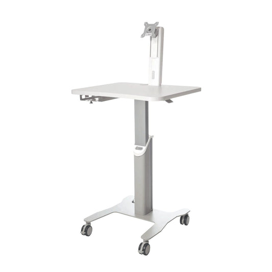 Der Novocal Mobiler Arbeitsplatz für Laptop oder Panel PC bietet mit höhenverstellbarem Monitorarm, VESA-Halterung, flacher Tischplatte, vier Rollfüßen und T-Gestell flexible Nutzung und stabilen Stand.