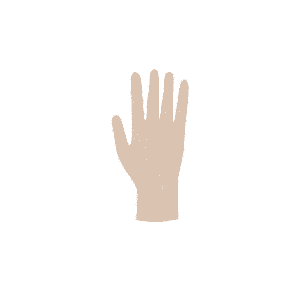 Illustration d'une main humaine en position neutre, les doigts tendus, représentée dans un style graphique plat, avec des gants stériles à usage unique Meditrade Copolymed®.