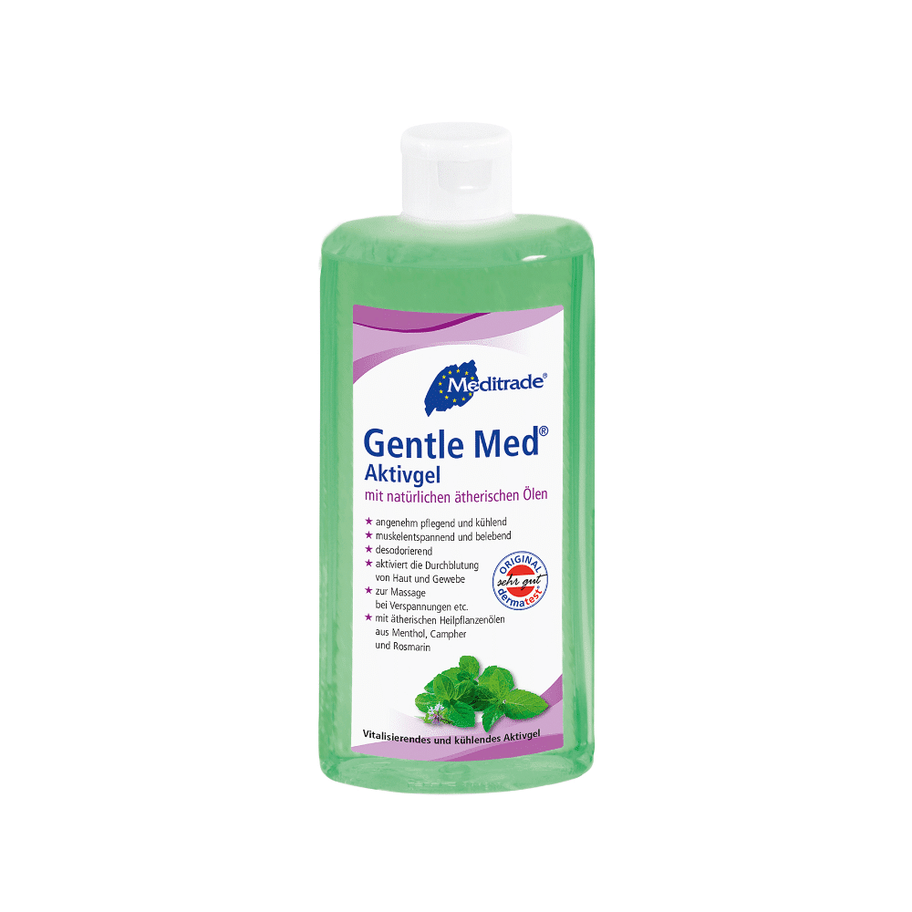 Eine 500 ml Flasche Meditrade Gentle Med® Aktivgel der Meditrade GmbH, die ein kühlendes grünes Gel enthält, das mit natürlichen ätherischen Ölen wie Menthol und Rosmarin angereichert ist. Das deutsche Etikett wird durch einen weißen Klappverschluss ergänzt.