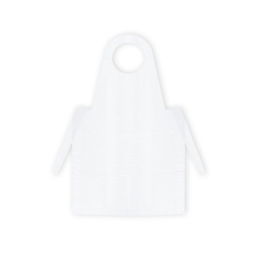 Auf grauem Untergrund ist eine blaue Meditrade PE-Einmalschürze der Meditrade GmbH abgebildet. Sie verfügt über einen kreisrunden Halsausschnitt und lange Seitenbänder zum Binden in der Taille und erfüllt damit wesentliche Hygieneanforderungen.