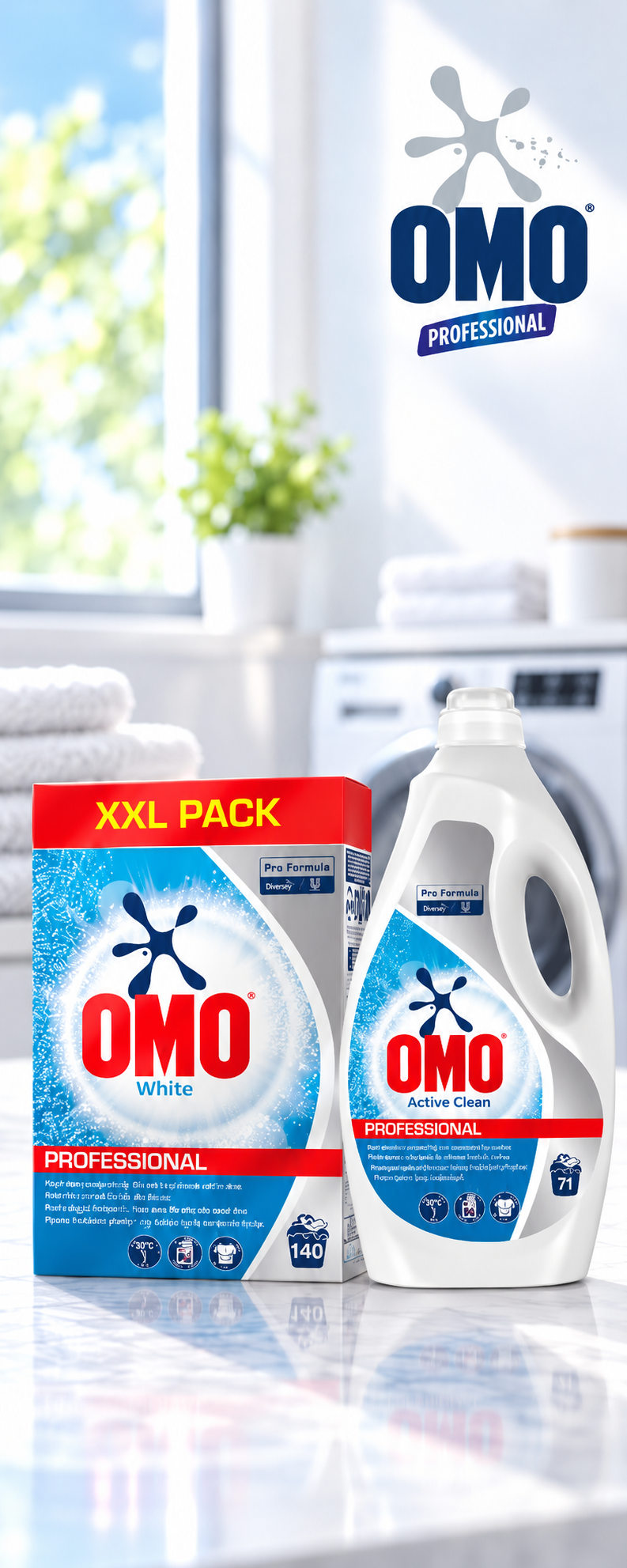 Banner: OMO Professional White XXL Pack Waschpulver und OMO Active Clean Flüssigwaschmittel