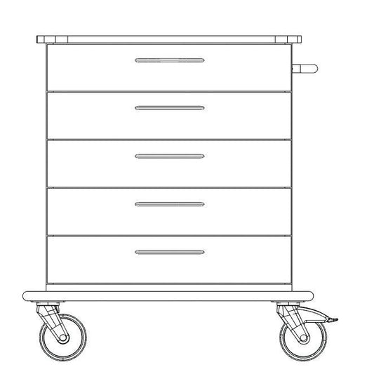 Vorderansicht Strichzeichnung des Novocal Pflege- und Arbeitswagen Fahrgestell mit vier Schubladen, Griffen an jeder Schublade, zwei großen Vorderrädern und zwei kleineren Hinterrädern. Marke: Novocal. Packung: 1 Stück.