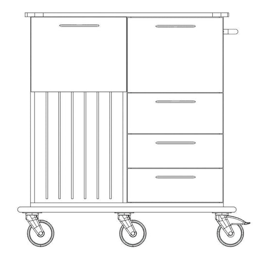 Schwarz-weiße Strichzeichnung des Novocal Pflege- und Arbeitswagens: vier Räder, drei rechte Schubladen, linker Schrank mit vertikalen Lamellen, geräumiges Fach für den Transport von Arbeitsmaterialien und ein Griff auf der rechten Seite. Marke: Novocal.