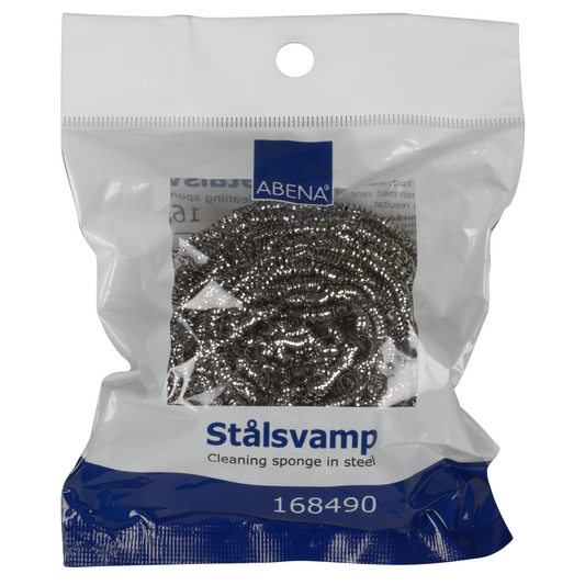 A 40g Edelstahlspirale (Packung mit 10 Stück), Produktnummer 168490, von Abena Re-Seller GmbH. Die klare blaue Verpackung trägt oben das Markenlogo und wirbt mit rostbeständigem Material zur Küchenreinigung.