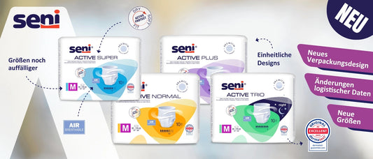 Produktabbildung der neuen SENI ACTIVE Inkontinenzprodukte mit überarbeitetem Verpackungsdesign. Vier Produktvarianten werden gezeigt: SENI ACTIVE NORMAL (orange), SENI ACTIVE SUPER (hellblau), SENI ACTIVE PLUS (lila) und SENI ACTIVE TRIO night (grün). Auf den Packungen sind Größenangaben (z. B. M 80–110 cm) deutlich hervorgehoben. Begleitende Texte heben die Vorteile hervor: „Größen noch auffälliger“, „Einheitliche Designs“, „Neues Verpackungsdesign“, „Änderungen logistischer Daten“ und „Neue Größen“. Rech