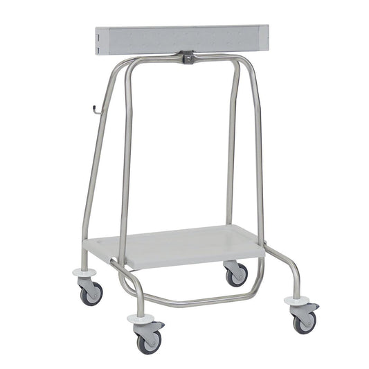 Der Novocal Abfallsammler "Genius" verfügt über einen Metallrohrrahmen, 4 Räder, eine flache untere Ablage, eine obere rechteckige Stange, seitliche Haken und ein Pedal für 40-Liter-Beutel (Klemmring). Geeignet für den medizinischen Gebrauch.