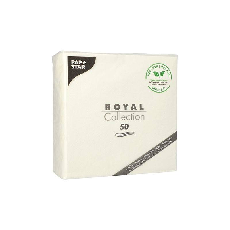 Eine Packung PAPSTAR „ROYAL Collection“ Servietten 1/4-Falz, enthält 50 Stück und ist ideal für Ihre Tischdekoration. Die Verpackung weist ein umweltfreundliches Etikett mit einem Blattdesign auf, das auf die 100%ige Kompostierbarkeit hinweist. Diese weißen Servietten, hergestellt von der PAPSTAR GmbH, zeigen ein einfaches und elegantes Branding.