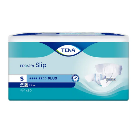 Die Verpackung der TENA Slip Plus Inkontinenzvorlage mit Hüftbund in Größe S hebt den Produktnamen sowie ein kleines Bild der Erwachsenenwindel auf der Vorderseite hervor. Sie enthält 30 Stück pro Packung und zeigt das blau-weiße Branding der TENA - Essity Germany GmbH, das den zuverlässigen Auslaufschutz für optimalen Komfort und Schutz hervorhebt.