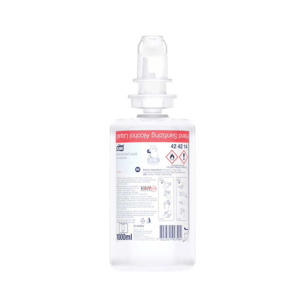 Une bouteille en plastique transparente de 1 000 ml, référence Tork 424214, contenant le désinfectant pour les mains « Extra » de TORK – Essity Professional Hygiene Germany GmbH, équipée d’un distributeur à pression. L’étiquette comporte des symboles de sécurité, des instructions d’utilisation illustrées ainsi qu’un texte multilingue expliquant comment préserver la fonction protectrice de la peau.