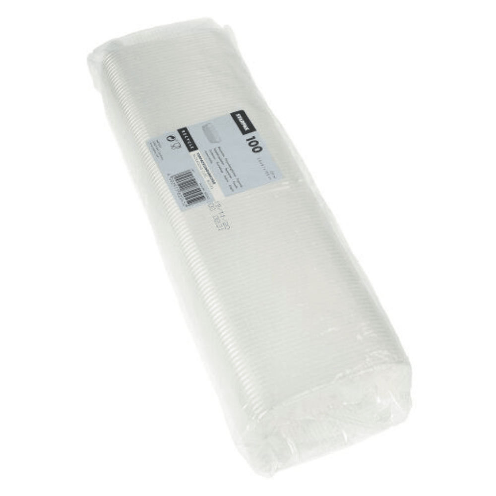 Un emballage scellé contenant 100 gobelets Starpak en PP, de forme carrée, d'une contenance de 125 ml et transparents, est muni d'une étiquette indiquant la quantité et les détails. Les gobelets sont soigneusement empilés et visibles à travers l'emballage transparent.