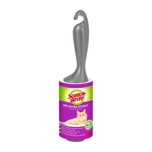 Der Scotch-Brite™ Pet Extra Sticky* Roller für Tierhaare (48 Blatt, 1 Stück) von 3M Deutschland GmbH hat einen grauen Griff, ein lilafarbenes Etikett mit einem orangefarbenen Katzenmotiv und hebt die Tierhaarentfernung sowie das 3M Logo hervor.