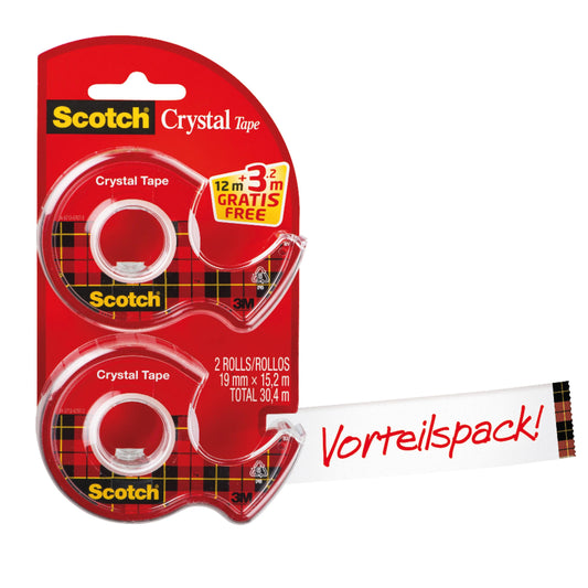 Die rot-karierte Packung enthält zwei Rollen Scotch® Crystal Klebeband (19 mm x 12 m) auf Abrollern sowie 3,2 m Zusatzband. Aufgeklebt sind "Vorteilspack!" und "3 m gratis". Marke: 3M Deutschland GmbH.