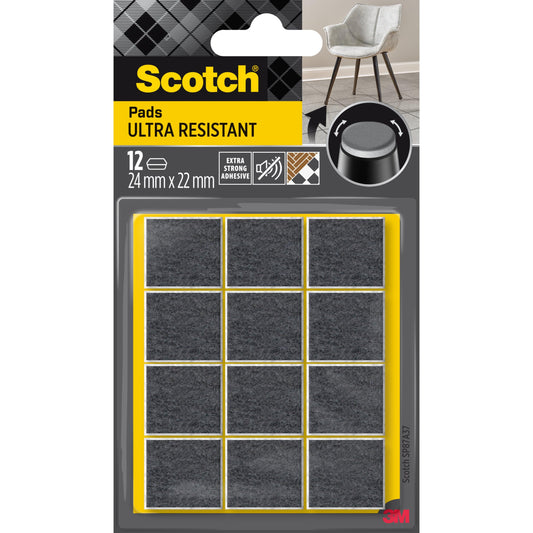 Scotch® Extrembeständige Filzpads SP87A37 von 3M Deutschland GmbH, 12 selbstklebende Filzpads (24mm x 22mm, grau/weiß) im 3x4 Raster auf gelber Unterlage, mit Stuhl und Schema für Möbelbeinschutz.