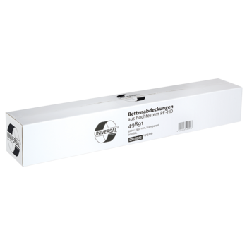 Eine lange, weiße Schachtel mit der Aufschrift "UNIVERSAL" enthält EMIL DEISS KG (GmbH + Co.) Recycling-LDPE-Säcke (120 L, 700x1100x0,06 mm, blau, 25/Rolle). Die Produktnummer 49891 und "Abfallsack 120 Liter" sind in deutscher Sprache auf der Seite aufgedruckt.