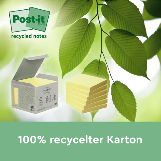 Eine Packung 3M Post-it® Recycling Z-Notes, Gelb, 76 x 76 mm, 6 Blöcke/Packung ist mit grünen Blättern abgebildet. Darunter steht auf grünem Hintergrund "100% recycelter Karton", um die umweltfreundliche Verpackung hervorzuheben.