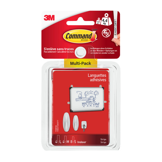 Multipack Command™ Strips, 17200 von 3M Deutschland GmbH: eine Packung Klebestreifen und Haken für den Innenbereich (1 Stück) mit Produktabbildungen. Trägt bis zu 4,4 kg.