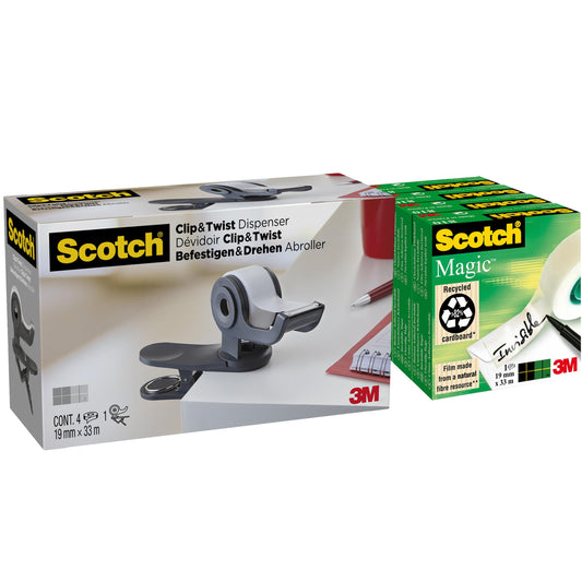 Ein Scotch™ Clip & Twist Klebeband-Abroller C19, Grau und eine Scotch® Magic™ Unsichtbares Klebeband (19 mm × 33 m, 4 Rollen) Packung der 3M Deutschland GmbH werden nebeneinander auf weißem Hintergrund mit sichtbarem Branding und Produktbildern gezeigt.
