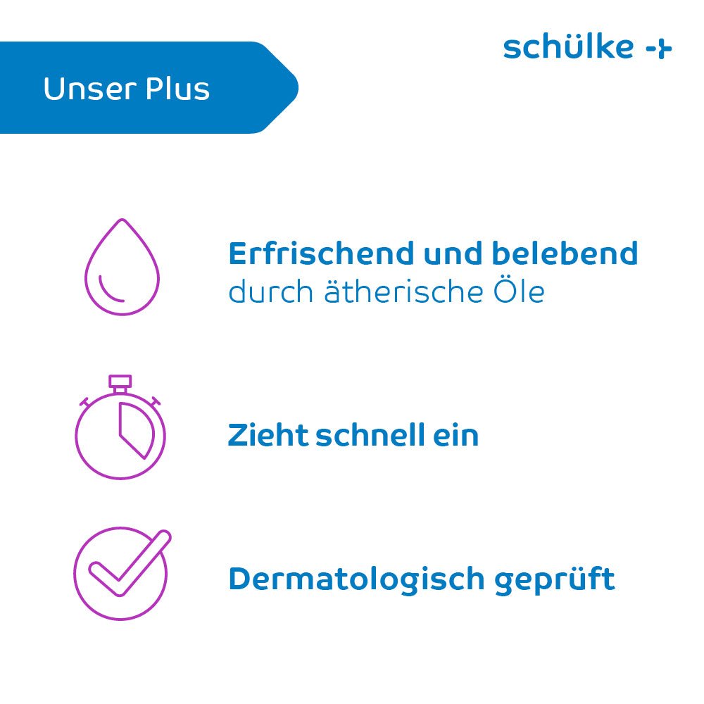 Une illustration comportant un texte en allemand pour la présentation de Schülke & Mayr GmbH, Schülke esemtan® active Gel - flacon de 500 ml (500 ml) et trois symboles. Le premier symbole est une goutte accompagnée de la mention « Rafraîchissant et tonifiant grâce aux huiles essentielles ». Le deuxième symbole est un chronomètre accompagné de la mention « Pénètre rapidement ». Le troisième symbole est une coche accompagnée de la mention « Testé dermatologiquement ».