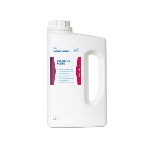 Illustrée est une bouteille en plastique blanche de 2 litres de la Dr. Schumacher GmbH DESCOTON FORTE désinfectant pour instruments avec poignée et bouchon à vis, étiquette bleue et magenta, sur fond blanc.