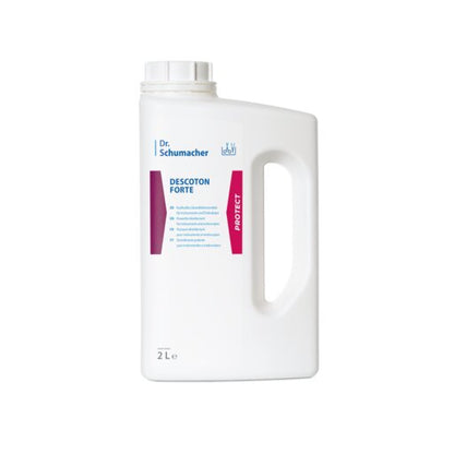 Illustrée est une bouteille en plastique blanche de 2 litres de la Dr. Schumacher GmbH DESCOTON FORTE désinfectant pour instruments avec poignée et bouchon à vis, étiquette bleue et magenta, sur fond blanc.
