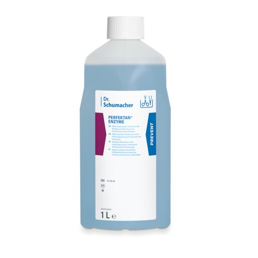 Die 1-Liter-Kunststoffflasche Dr. Schumacher PERFEKTAN® ENZYME der Dr. Schumacher GmbH für die enzymatische Reinigung medizinischer Instrumente hat eine weiße Kappe, eine blaue Flüssigkeit und ein Etikett mit blau-violetten Akzenten und Produktangaben.