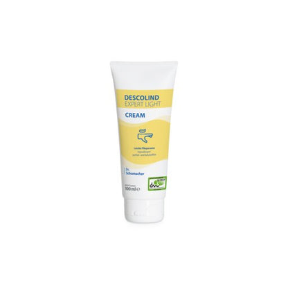 Eine 100-ml-Tube Dr. Schumacher DESCOLIND EXPERT LIGHT CREAM Handcreme der Dr. Schumacher GmbH, mit weißem Deckel und gelb-blauem Etikett, steht aufrecht vor weißem Hintergrund - ideal für empfindliche Haut und hypoallergen.