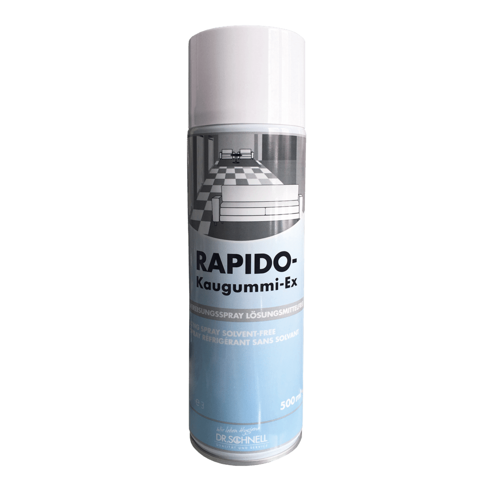 Eine 500 ml Flasche DR.SCHNELL RAPIDO KAUGUMMI-EX, ein lösemittelfreies Vereisungsspray zur Reinigung von Teppichen und Polstermöbeln, hergestellt von DR.SCHNELL GmbH & Co. KGaA.