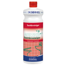 Die weiße Kunststoffflasche mit rotem Verschluss und der Aufschrift "Dr. Schnell MULTICID Sanitärreiniger" in grüner und roter Schrift der DR.SCHNELL GmbH & Co. KGaA, ist als wirksamer Sanitärreiniger ideal für die gründliche Badreinigung.