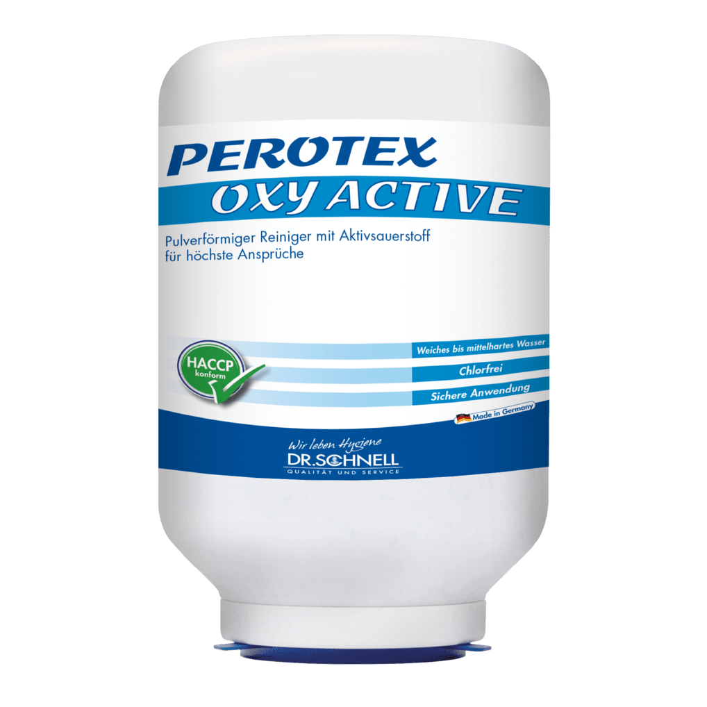 Une cartouche blanche de 3 kg portant la mention "PEROTEX OXY ACTIVE" de DR.SCHNELL GmbH & Co. KGaA est un détergent professionnel pour lave-vaisselle avec oxygène actif, certification HACCP et mode d'emploi en allemand pour les machines commerciales.