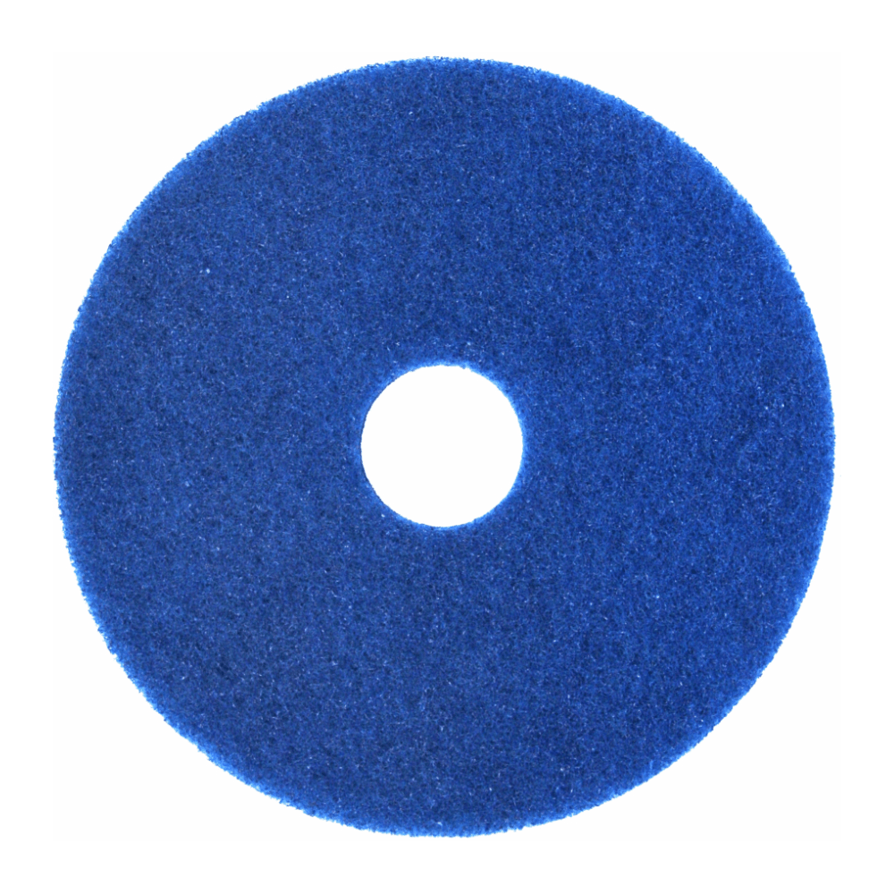 Ein blaues, rundes Arcora Superpad Blau Reinigungspad von Arcora International GmbH mit rauer Oberfläche und Mittelloch, konzipiert für die Verwendung auf empfindlichen Bodenbelägen, abgebildet vor einem weißen Hintergrund.