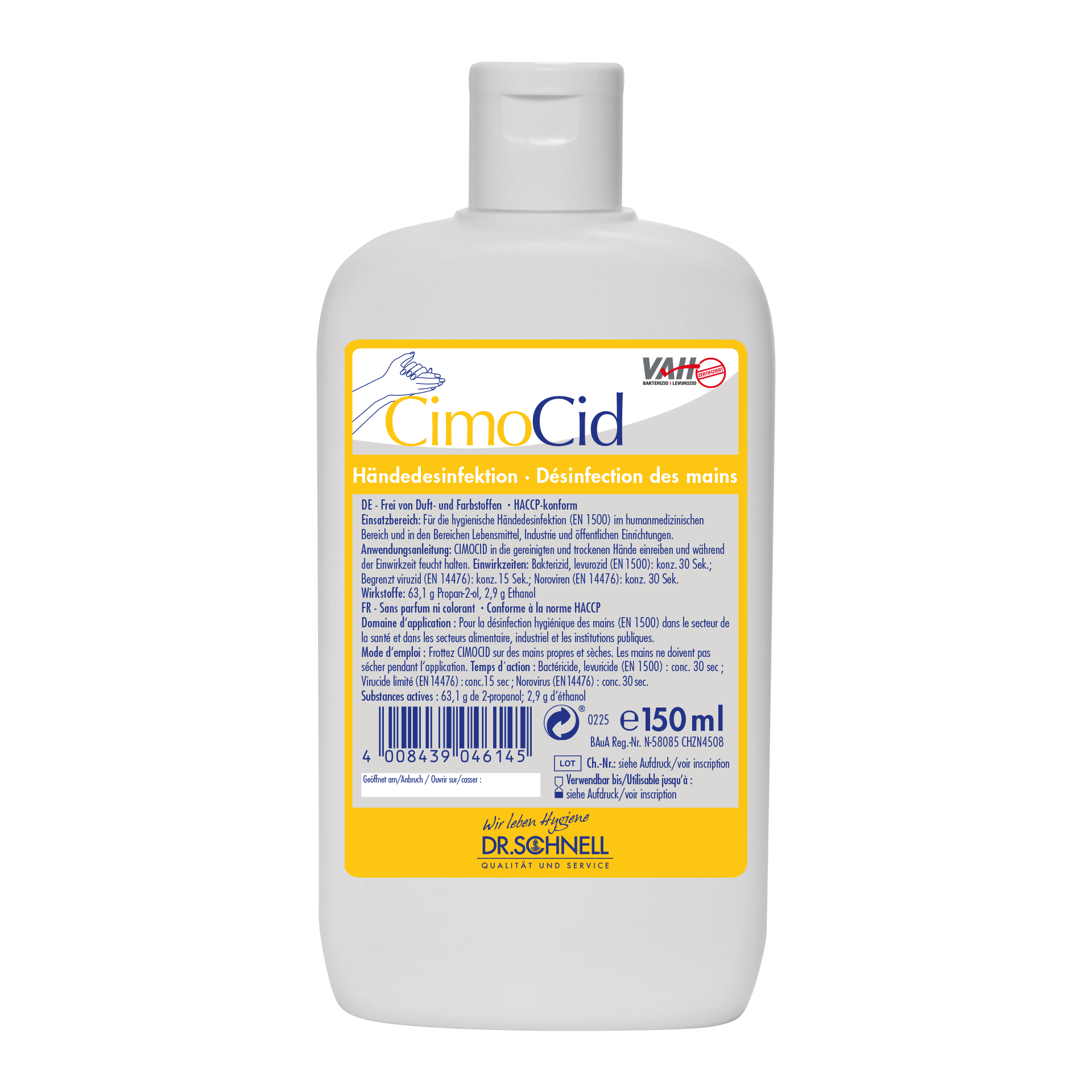 Weiße Kunststoffflasche mit Dr. Schnell CIMOCID SENSITIVE Händedesinfektion (150 ml) der DR.SCHNELL GmbH & Co. KGaA, mit gelb/blauem deutschem und französischem Etikett mit Angaben zur effektiven Keimreduktion, Barcode und geschlossenem Verschluss.