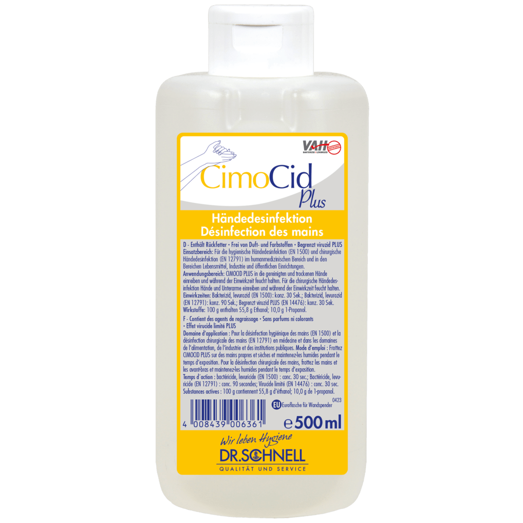 Eine 500 ml Flasche Dr. Schnell CIMOCID PLUS Händedesinfektion der DR.SCHNELL GmbH & Co. KGaA mit weißem Flip-Top-Verschluss; das Etikett enthält deutsche und französische Produktangaben, Anwendungshinweise und Sicherheitsinformationen.