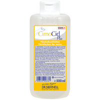 Eine 500 ml Flasche Dr. Schnell CIMOCID PLUS Händedesinfektion der DR.SCHNELL GmbH & Co. KGaA mit weißem Flip-Top-Verschluss; das Etikett enthält deutsche und französische Produktangaben, Anwendungshinweise und Sicherheitsinformationen.