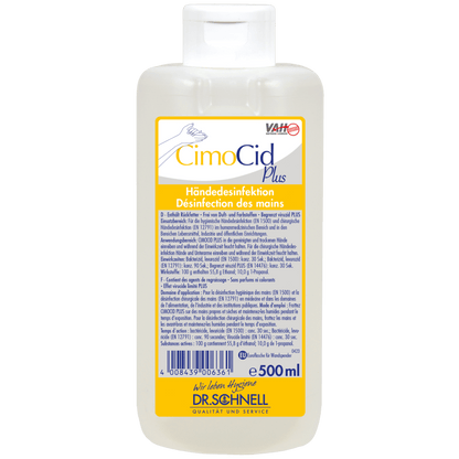 Eine 500 ml Flasche Dr. Schnell CIMOCID PLUS Händedesinfektion der DR.SCHNELL GmbH & Co. KGaA mit weißem Flip-Top-Verschluss; das Etikett enthält deutsche und französische Produktangaben, Anwendungshinweise und Sicherheitsinformationen.
