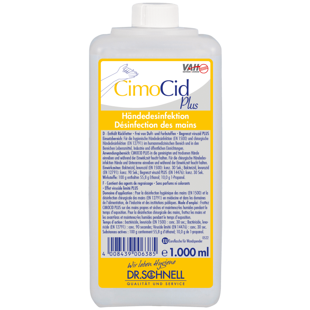 Eine 1.000 ml Flasche Dr. Schnell CIMOCID PLUS Händedesinfektion der DR.SCHNELL GmbH & Co. KGaA mit weißer Kappe und gelb-blauem Etikett mit Produktangaben in Deutsch und Französisch.