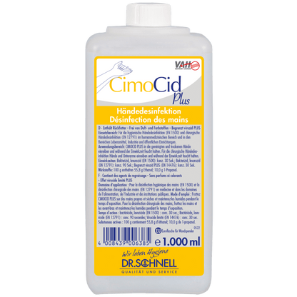 Eine 1.000 ml Flasche Dr. Schnell CIMOCID PLUS Händedesinfektion der DR.SCHNELL GmbH & Co. KGaA mit weißer Kappe und gelb-blauem Etikett mit Produktangaben in Deutsch und Französisch.