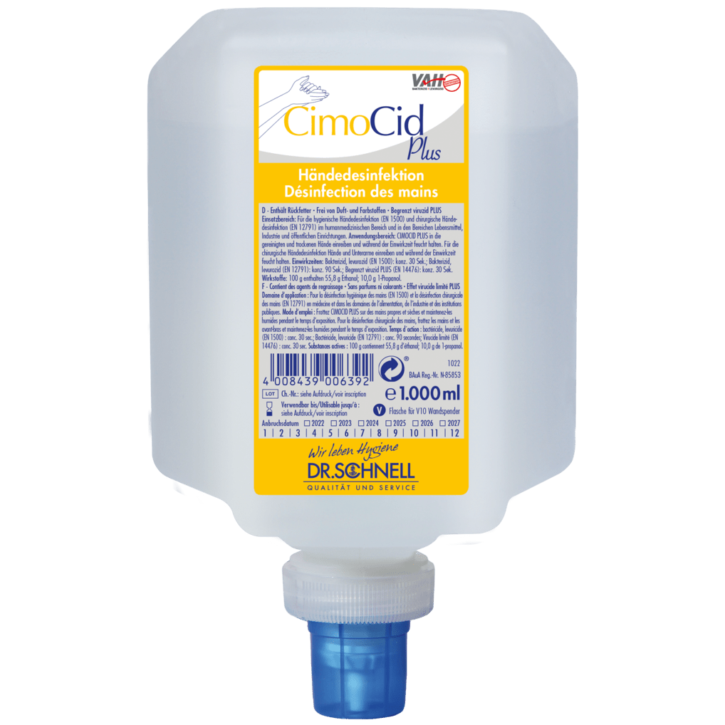 Ein 1000-ml-Behälter der Dr. Schnell CIMOCID PLUS Händedesinfektion der DR.SCHNELL GmbH & Co. KGaA, mit einem blauen Spenderverschluss und einem gelb-weißen Etikett mit Informationen in deutscher und französischer Sprache.