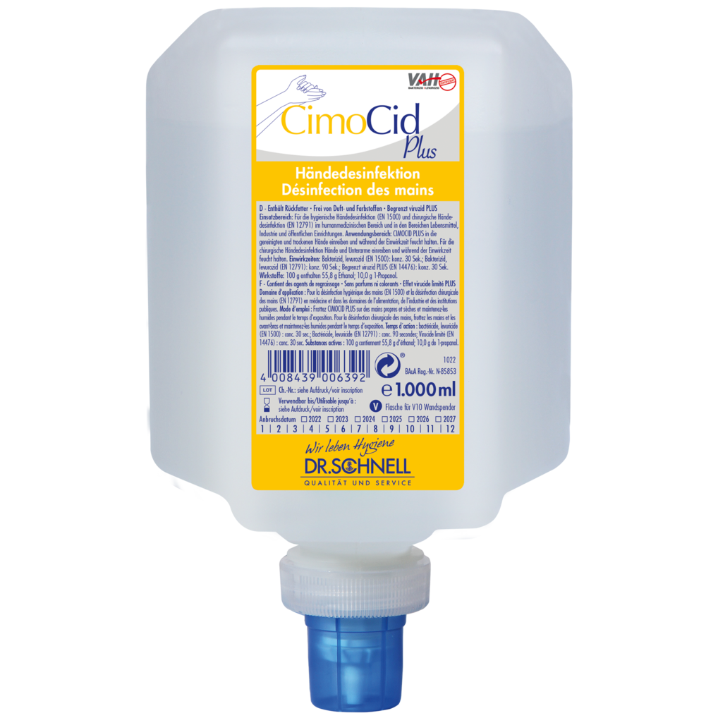 Ein 1000-ml-Behälter der Dr. Schnell CIMOCID PLUS Händedesinfektion der DR.SCHNELL GmbH & Co. KGaA, mit einem blauen Spenderverschluss und einem gelb-weißen Etikett mit Informationen in deutscher und französischer Sprache.