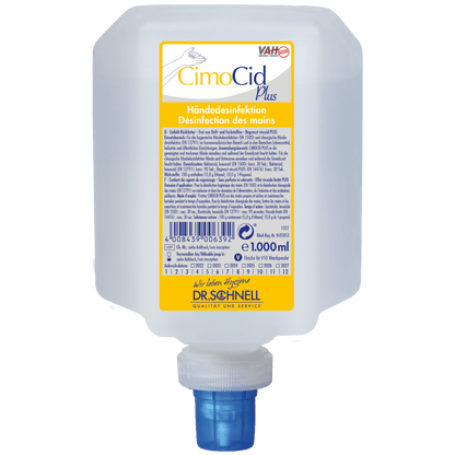 Ein 1000-ml-Behälter der Dr. Schnell CIMOCID PLUS Händedesinfektion der DR.SCHNELL GmbH & Co. KGaA, mit einem blauen Spenderverschluss und einem gelb-weißen Etikett mit Informationen in deutscher und französischer Sprache.