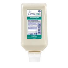 Eine 2000 ml Nachfüllpackung der Dr. Schnell CIMOEXTRA Spenderflaschen Hautreinigung der DR.SCHNELL GmbH & Co. KGaA, mit weißem Verschluss und grün-weißem Etikett, ideal für die schonende Handreinigung in Spenderflaschensystemen.