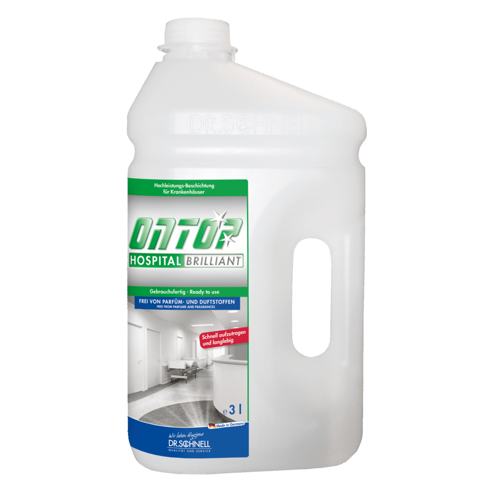 Eine 3-Liter-Flasche DR.SCHNELL ONTOP HOSPITAL BRILLIANT Hochleistungsbeschichtung für Böden, glänzend, von DR.SCHNELL GmbH & Co. KGaA; mit Henkel, Schraubverschluss und einem blau-grünen Etikett mit Produktangaben und Krankenhausflurbild.