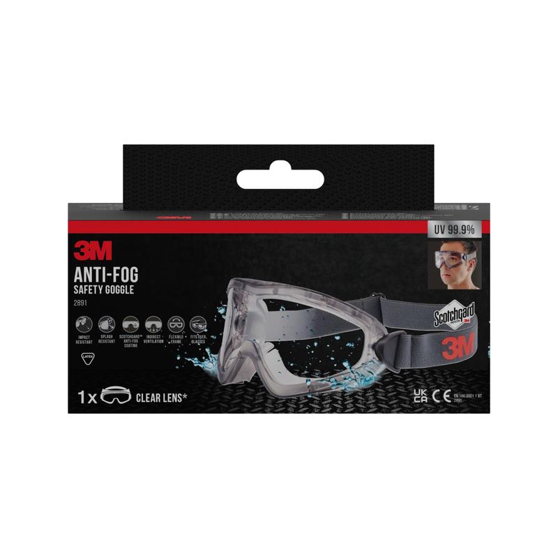 L'image montre une boîte de lunettes de protection 3M™ modèle 2891 avec Scotchgard™ Protector antibuée, ventilation indirecte, verre transparent de 3M Deutschland GmbH ; l'emballage met en avant le revêtement antibuée et la protection UV de 99,9%.