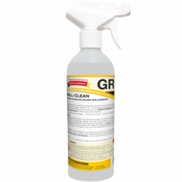Une bouteille vaporisateur claire de 500 ml avec l'inscription "Article discontinué : Arcora grill-clean" de Arcora International GmbH, avec gâchette blanche, écriture rouge/jaune/blanche et consignes de sécurité - idéale pour les nettoyants pour grilles hautement alcalins et le nettoyage efficace des grilles.