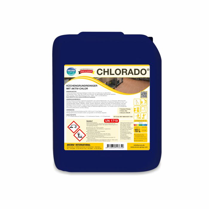 Un bidon bleu de 10 litres de nettoyant de base pour cuisine Arcora Chlorado avec chlore actif de Arcora International GmbH. L'étiquette allemande contient des instructions d'utilisation, des symboles de danger et des informations détaillées sur le produit.