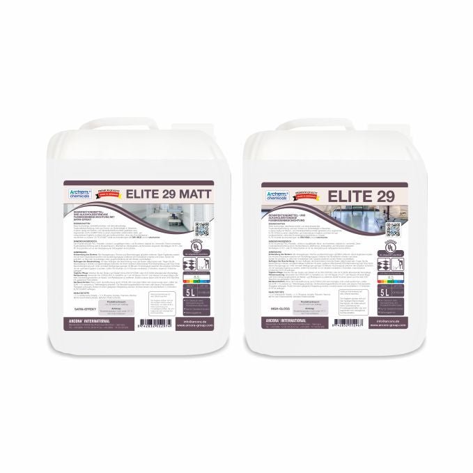 Deux conteneurs blancs de 5 litres portant l'inscription "Arcora Elite 29" offrent un revêtement de sol résistant aux désinfectants et à l'alcool, idéal pour une utilisation en intérieur de l'Arcora International GmbH.